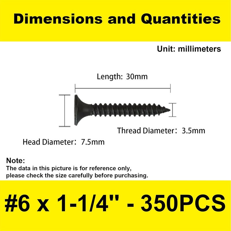 LERNOU 350 pcs Black Wood Screws, Phillips Flat Head Screws, Screws for Kitchen Cabinets, Self-Tapping Countersunk Head Screw for Various Woodworking Repairs and DIY Projects #6 x 1-1/4''(30 mm) - Image 2
